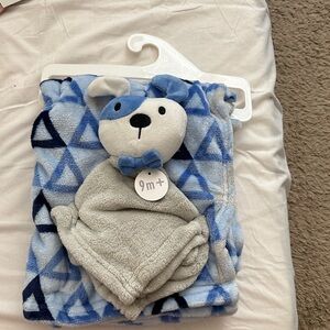 Blue and Gray Baby Blanket with Bear